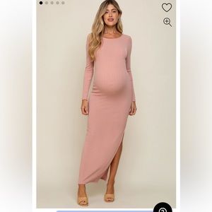 PinkBlush Pink Ribbed Long Sleeve Side Slit Maternity Maxi Dress